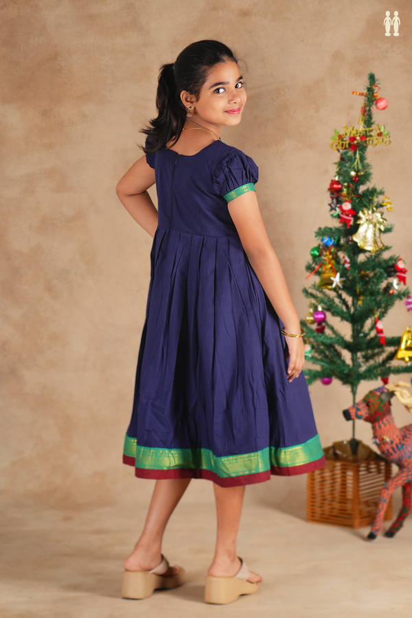 V-Neck Plain Navy Blue Cotton Frock