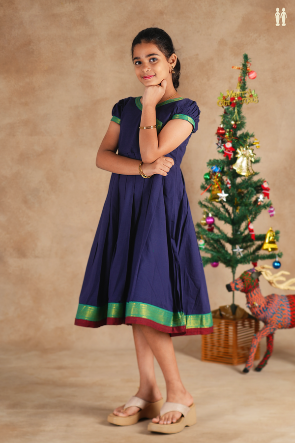 V-Neck Plain Navy Blue Cotton Frock