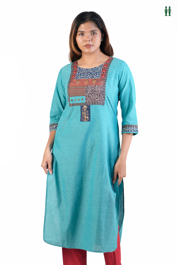 Round neck Plain Peacock Blue Cotton Long Kurta