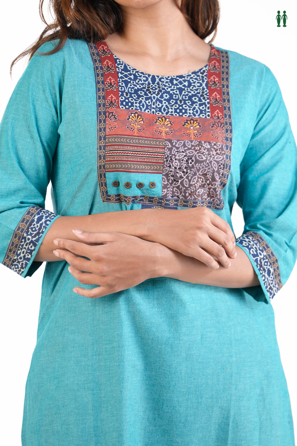 Round neck Plain Peacock Blue Cotton Long Kurta