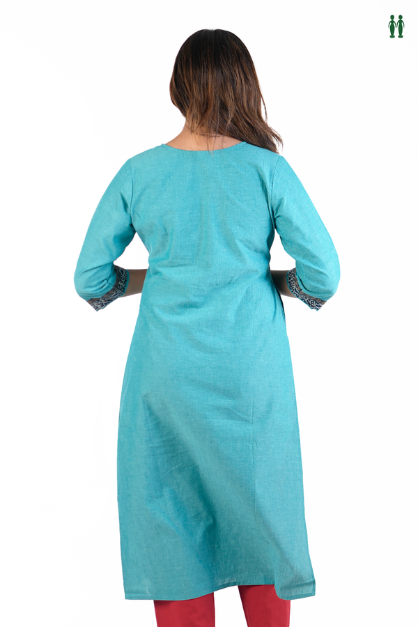 Round neck Plain Peacock Blue Cotton Long Kurta