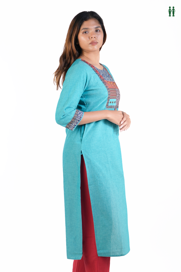 Round neck Plain Peacock Blue Cotton Long Kurta