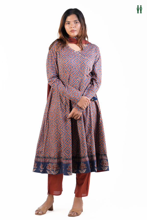 V-Neck Printed Blue And Red Cotton Salwar Set