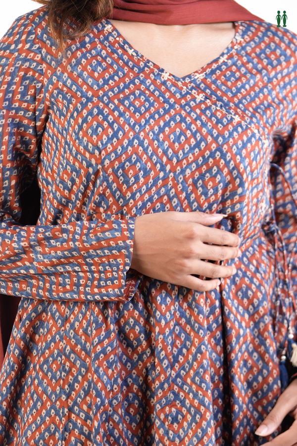 V-Neck Printed Blue And Red Cotton Salwar Set