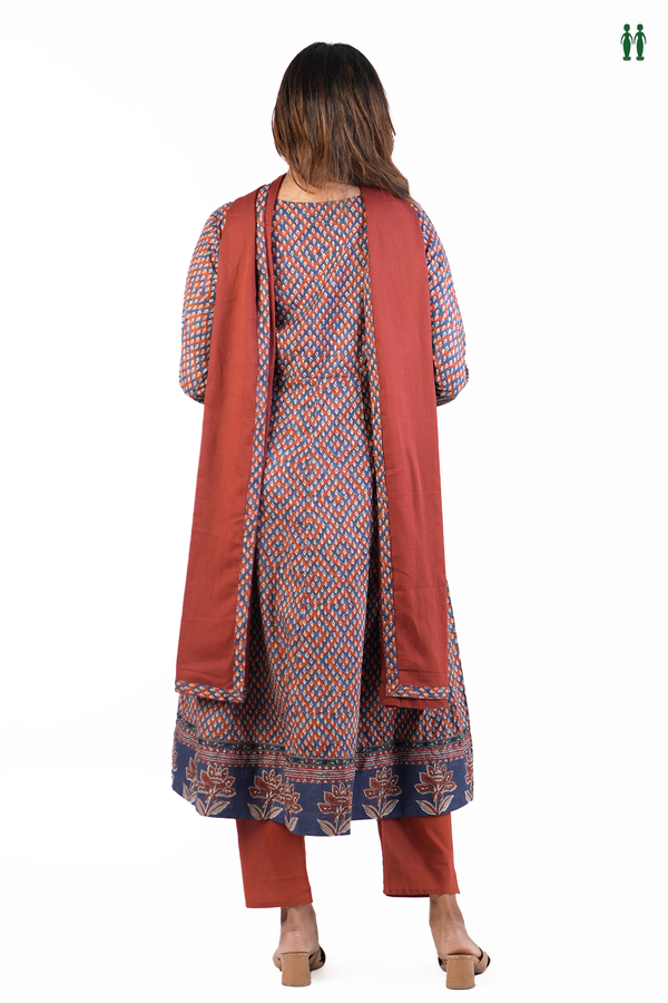 V-Neck Printed Blue And Red Cotton Salwar Set
