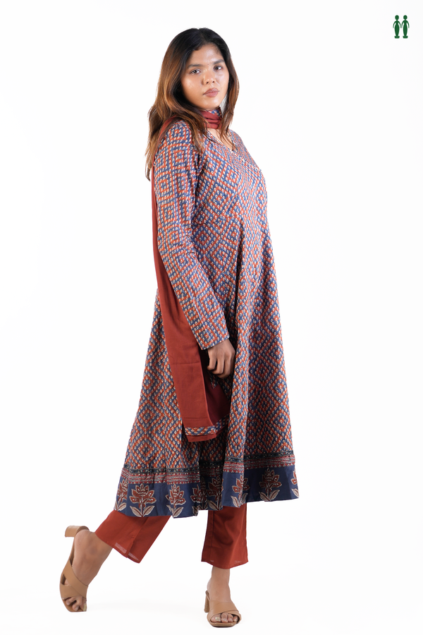 V-Neck Printed Blue And Red Cotton Salwar Set