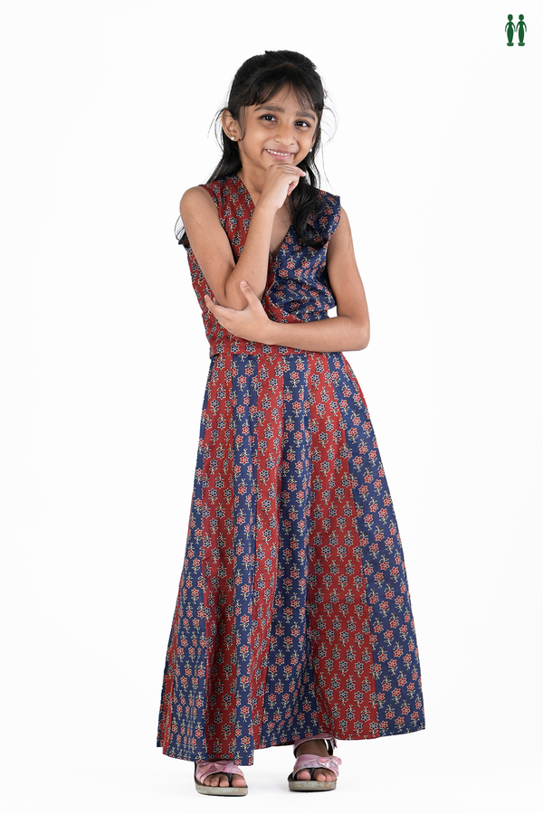 V-neck Printed Design Blue And Red Cotton Pavadai Sattai