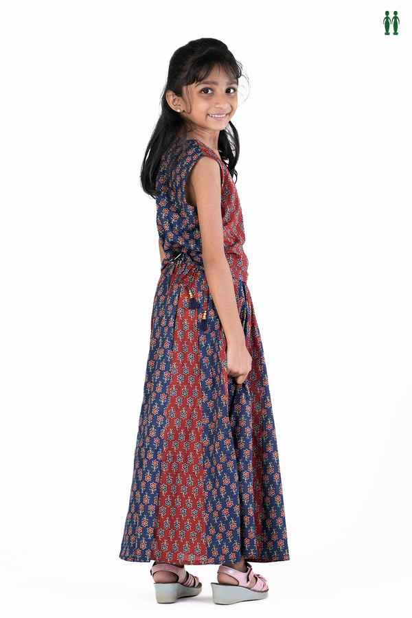 V-neck Printed Design Blue And Red Cotton Pavadai Sattai