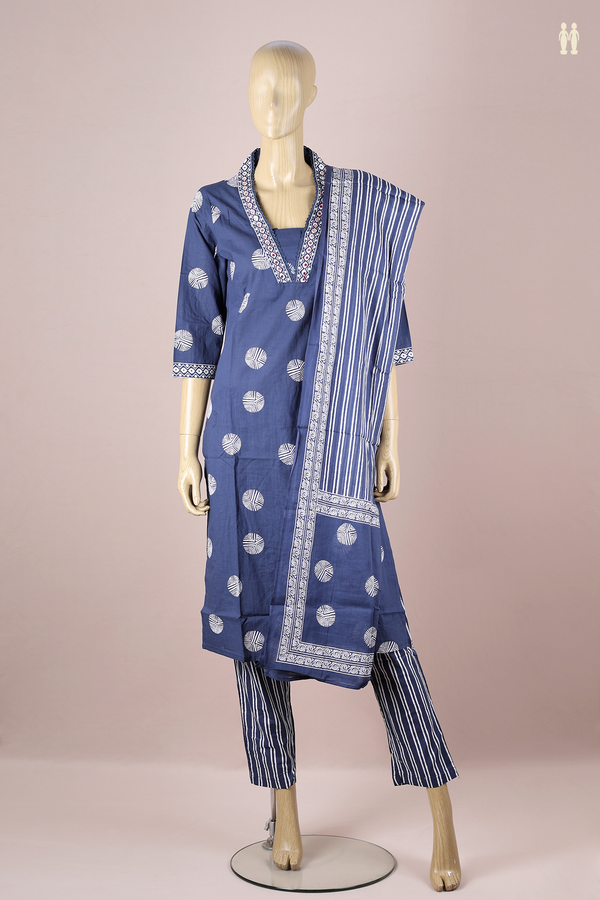 V-neck Printed Design Blue Cotton Salwar Set