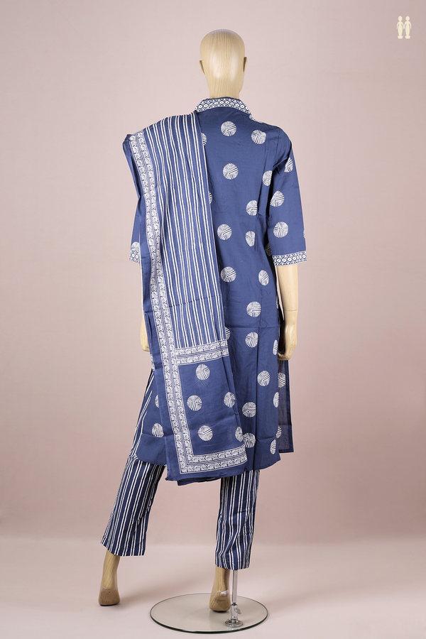 V-neck Printed Design Blue Cotton Salwar Set