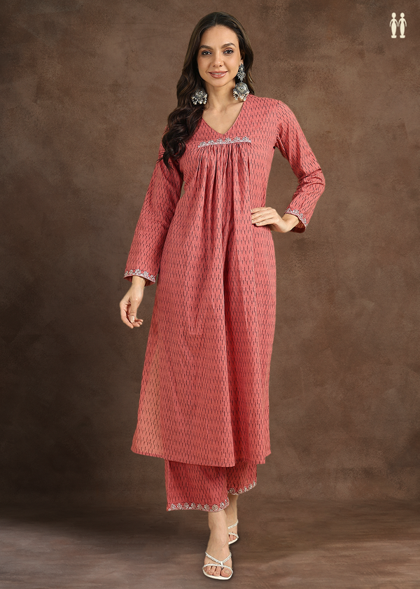 V-neck Printed Design Pastel Red Cotton Salwar Set