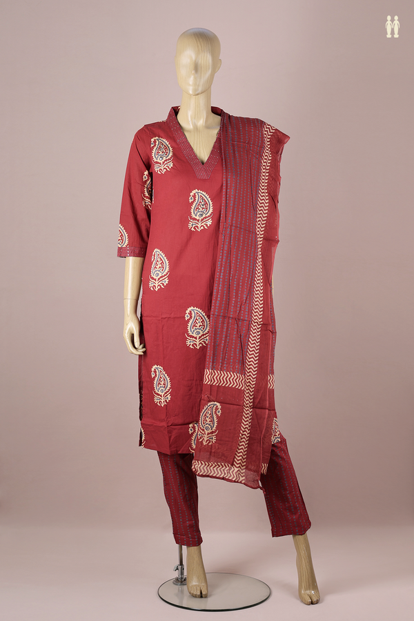 V-neck Paisley Design Red Cotton Salwar Set