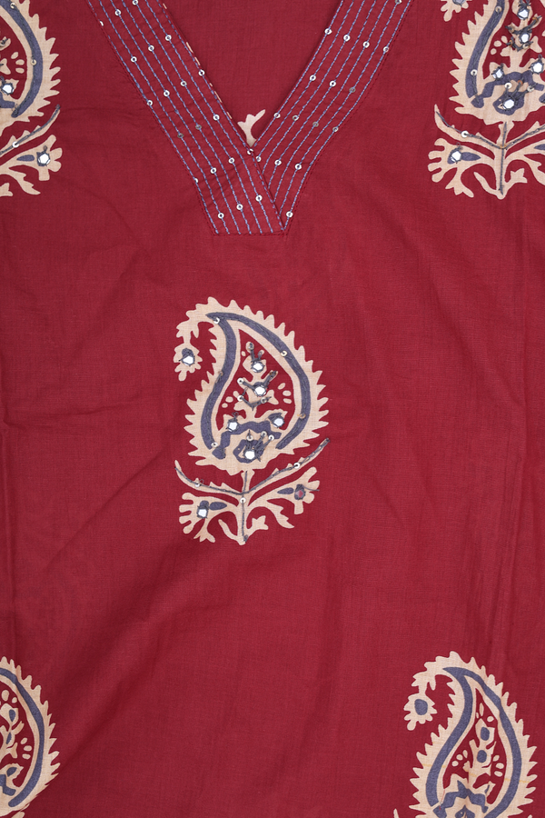V-Neck Paisley Design Red Cotton Salwar Set