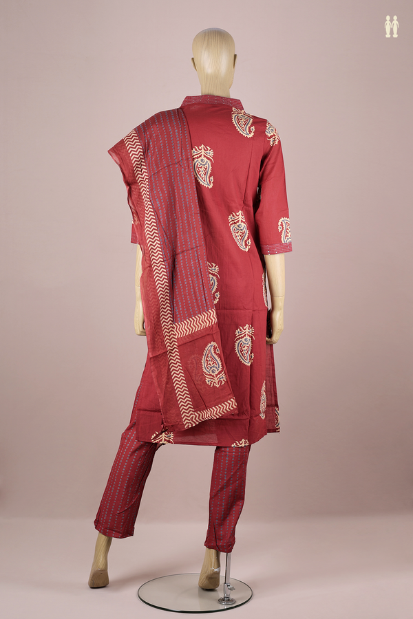 V-neck Paisley Design Red Cotton Salwar Set