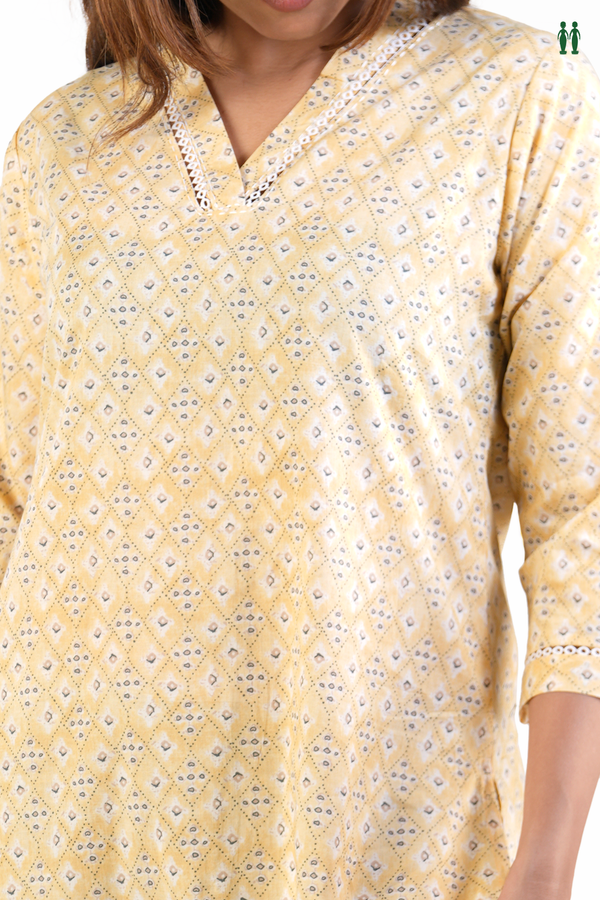 V-Neck Printed Yellow Dobby Cotton Long Kurta