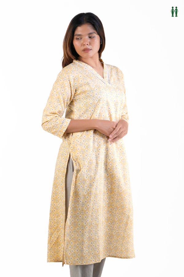 V-Neck Printed Yellow Dobby Cotton Long Kurta