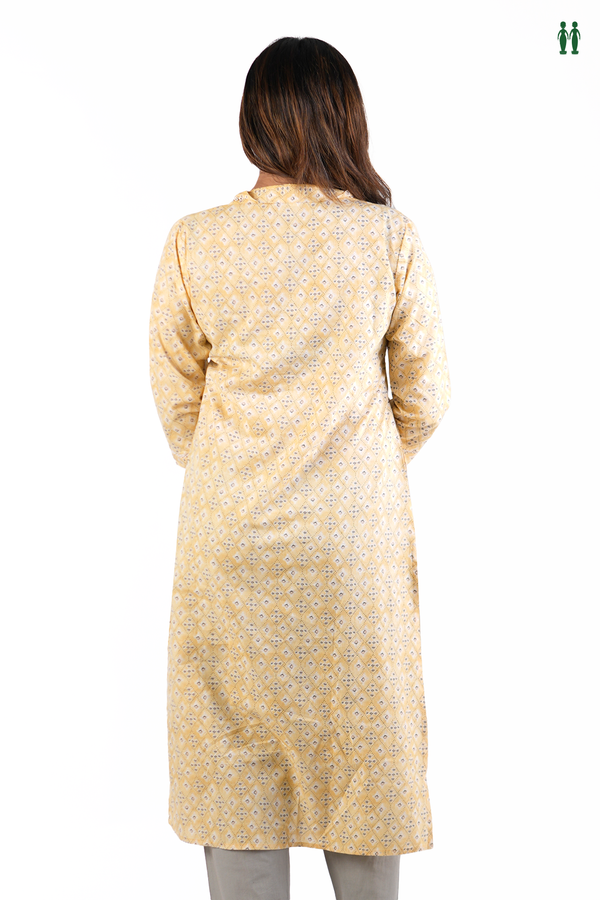 V-Neck Printed Yellow Dobby Cotton Long Kurta