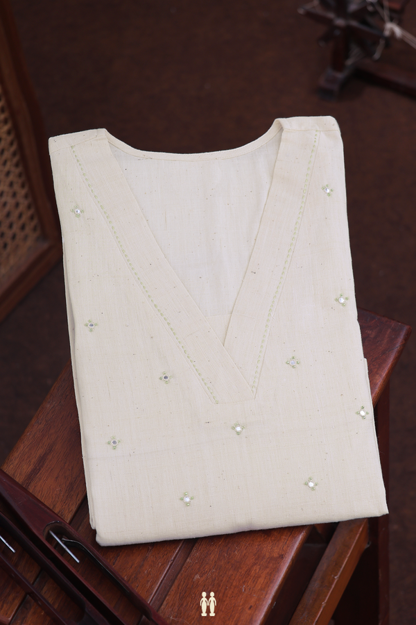 V-Neck Mirror Buttis Beige Handspun Cotton Long Kurta