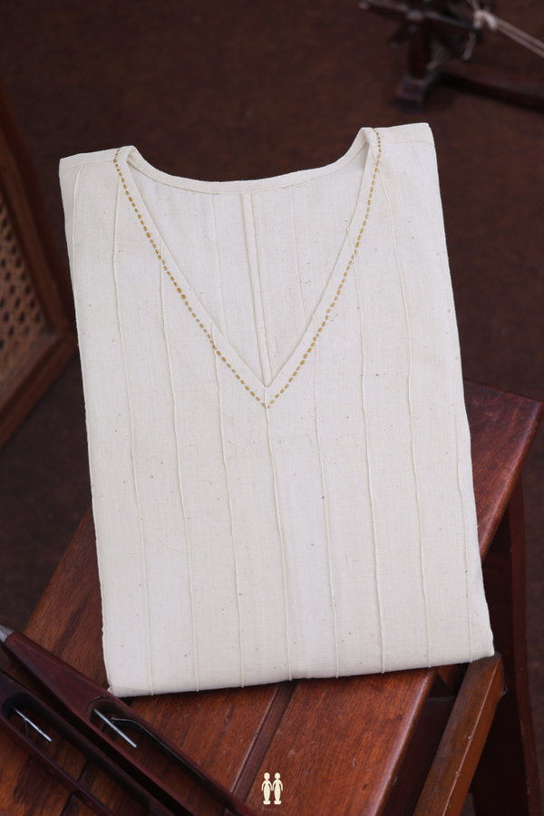 V-neck Stripes Design Beige Handspun Cotton Long Kurta