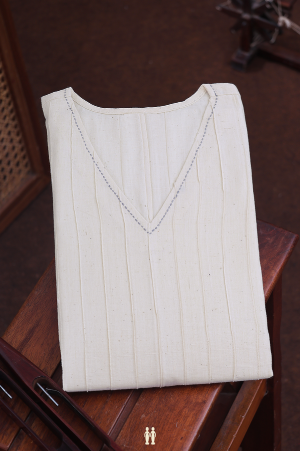 V-neck Stripes Design Beige Handspun Cotton Long Kurta