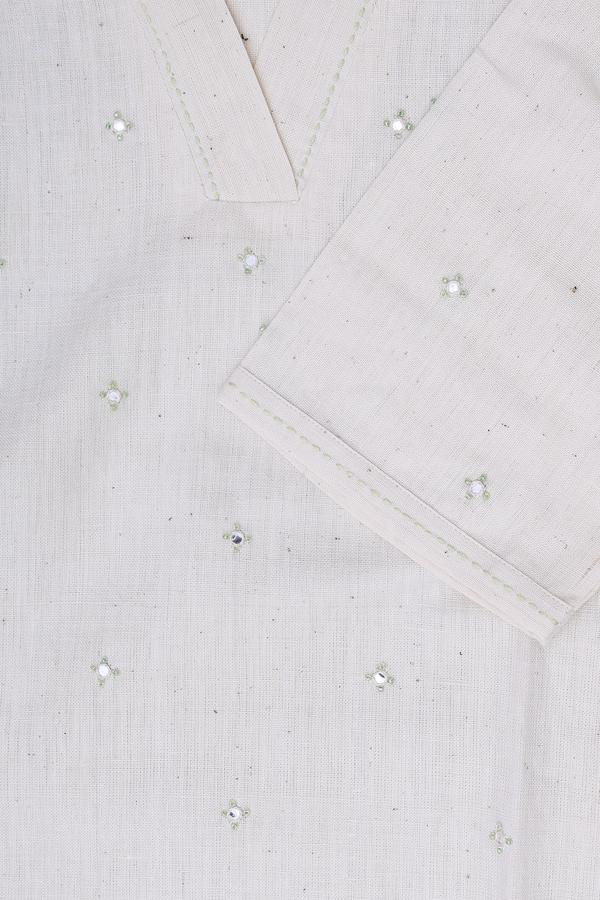 V-Neck Mirror Buttis Beige Handspun Cotton Long Kurta