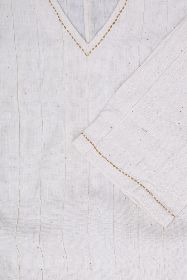 V-neck Stripes Design Beige Handspun Cotton Long Kurta