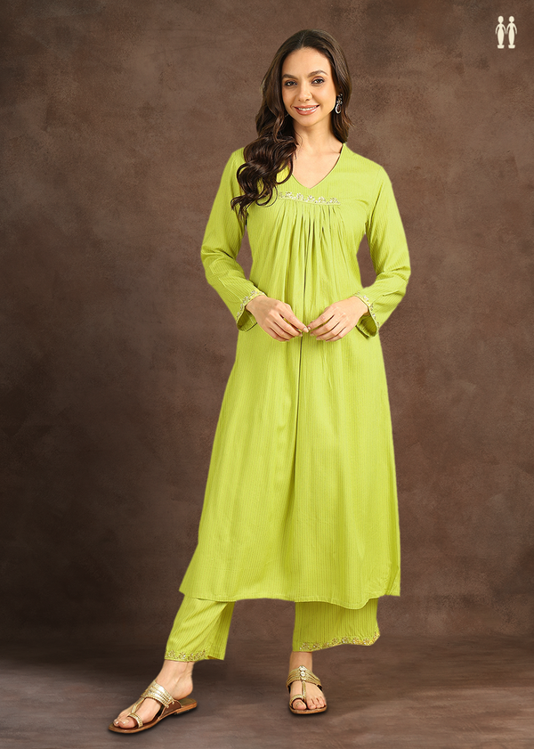 V-neck Stripes Design Lime Green Cotton Salwar Set
