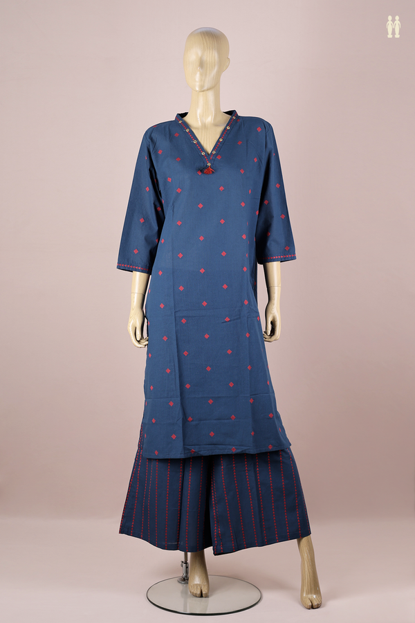 V-neck Threadwork Buttas Blue Cotton Salwar Set