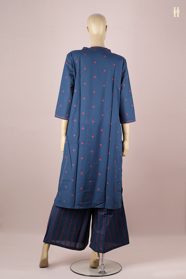 V-neck Threadwork Buttas Blue Cotton Salwar Set