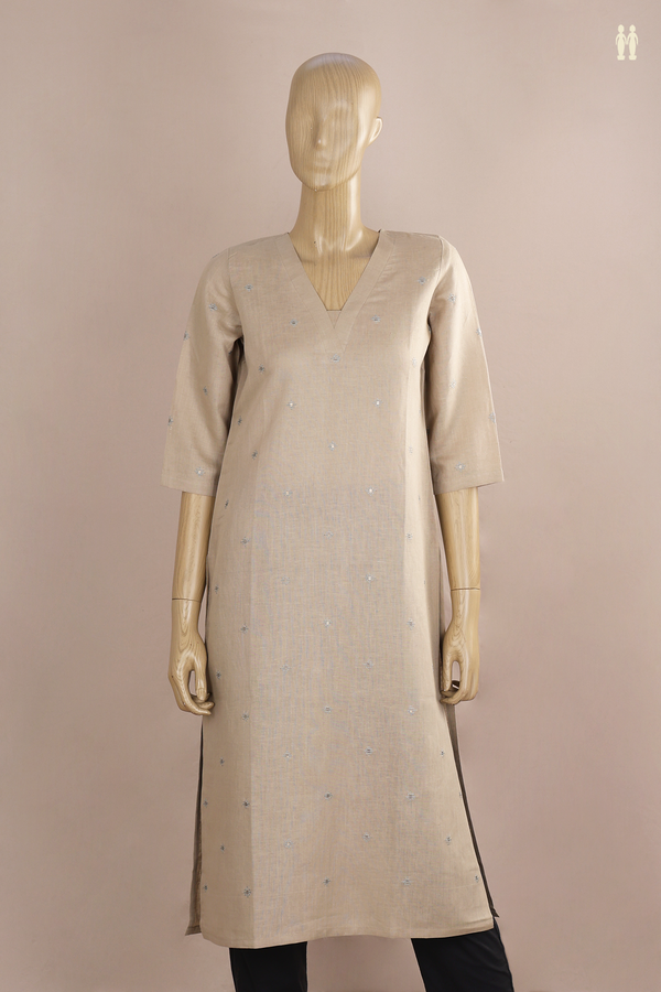 V-neck Threadwork Buttas Green Beige Linen Long Kurta
