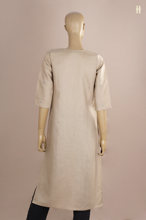 V-neck Threadwork Buttas Green Beige Linen Long Kurta