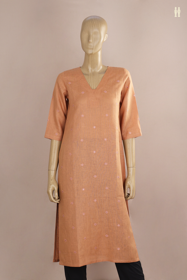 V-neck Threadwork Buttas Sand Brown Linen Long Kurta
