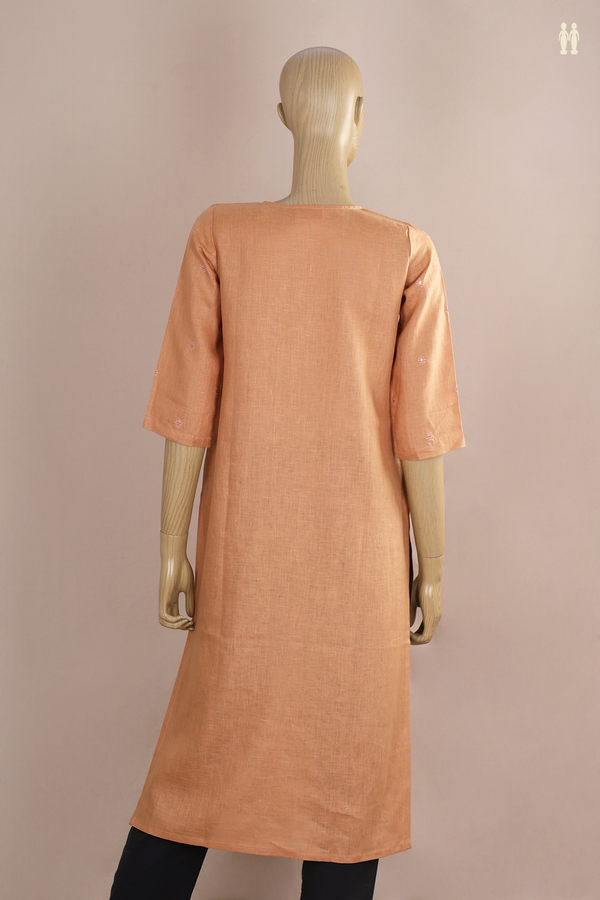 V-neck Threadwork Buttas Sand Brown Linen Long Kurta