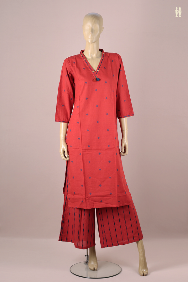 V-neck Threadwork Buttas Red Cotton Salwar Set