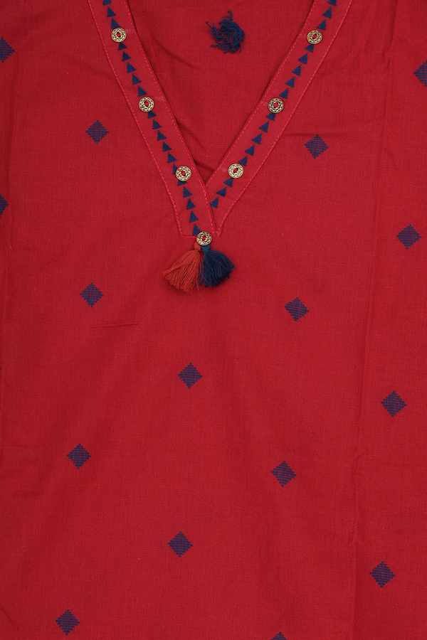 V-neck Threadwork Buttas Red Cotton Salwar Set