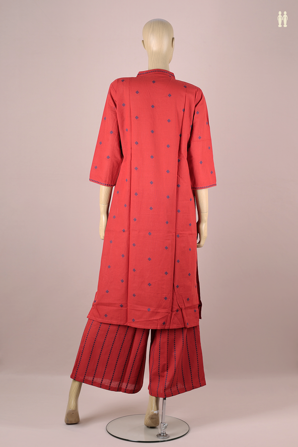 V-neck Threadwork Buttas Red Cotton Salwar Set