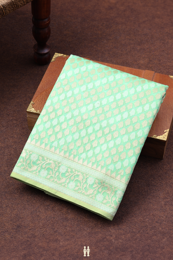 Kora Banarasi Silk Saree In Mint Green With Zari Buttas