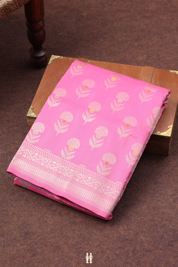 Banarasi Silk Saree In Lotus Pink With Floral Buttas