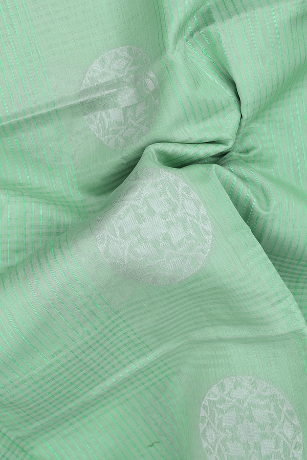 Kora Banarasi Silk Saree In Mint Green With Stripes Design