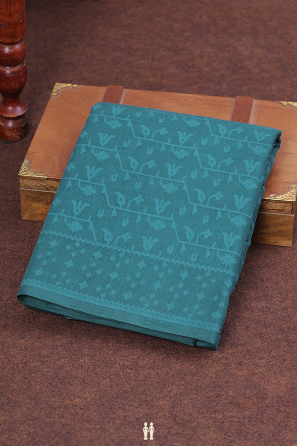 Kora Banarasi Cotton Saree In Pine Green With Threadwork Design