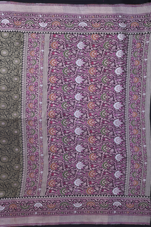 Banarasi Silk Saree In Black With Floral Design