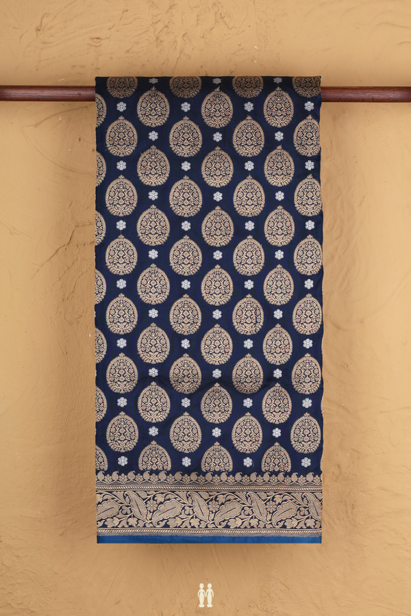 Banarasi Silk Saree In Navy Blue With Zari Buttas