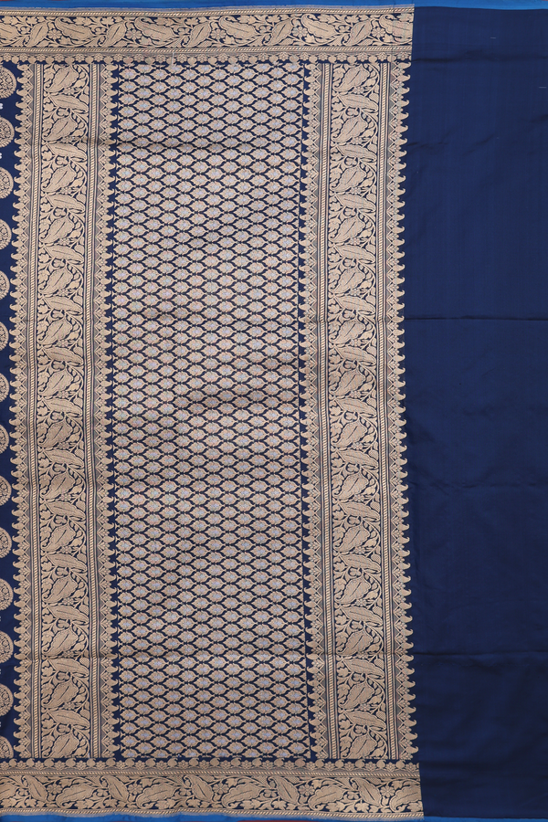 Banarasi Silk Saree In Navy Blue With Zari Buttas