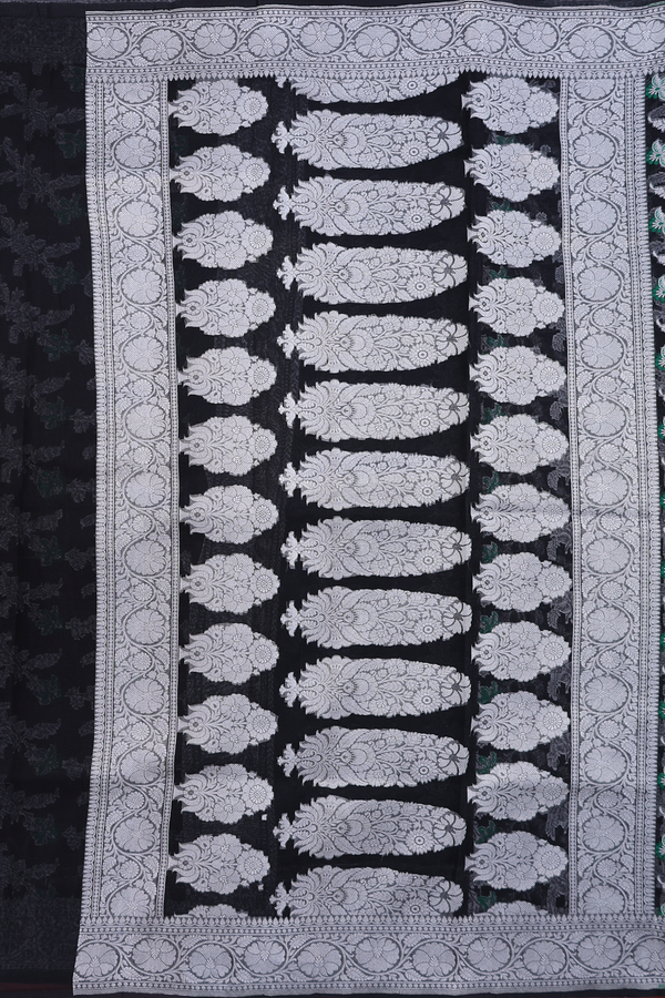 Kora Banarasi Silk Saree In Black With Floral Design