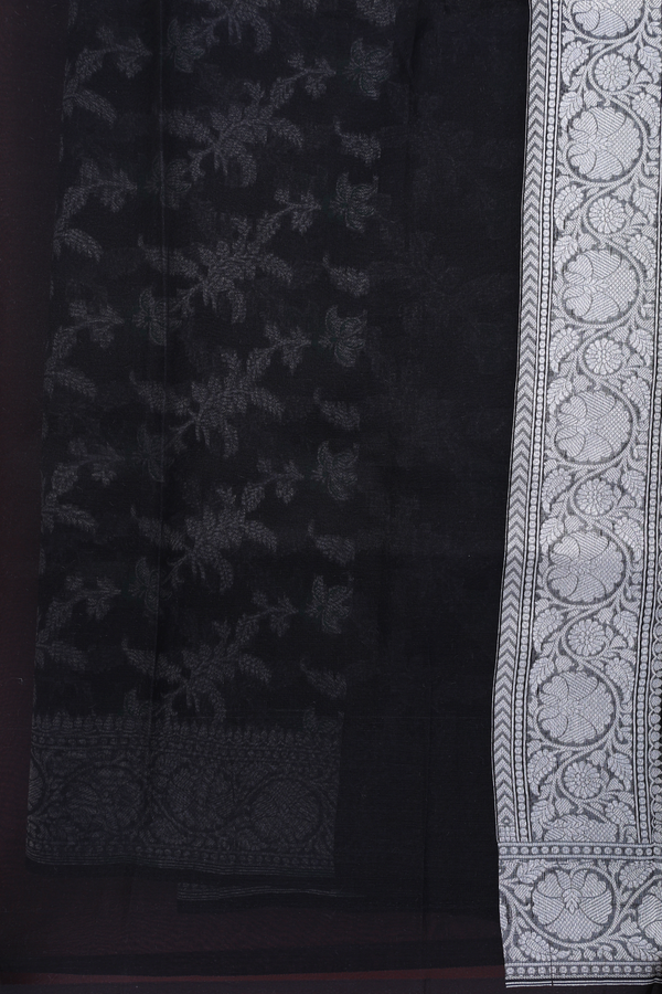 Kora Banarasi Silk Saree In Black With Floral Design