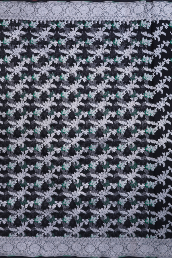 Kora Banarasi Silk Saree In Black With Floral Design