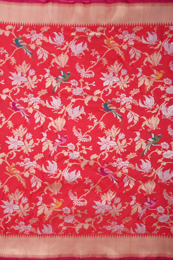 Banarasi Silk Saree In Red With Floral And Birds Design