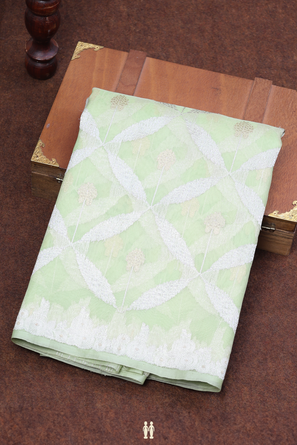 Kora Banarasi Silk Saree In Pastel Green With Ogee Design
