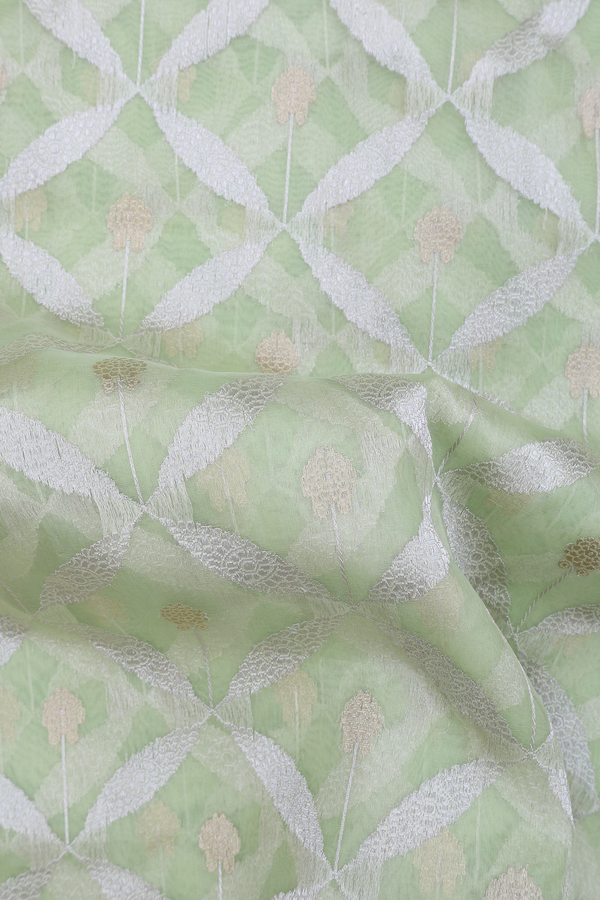 Kora Banarasi Silk Saree In Pastel Green With Ogee Design