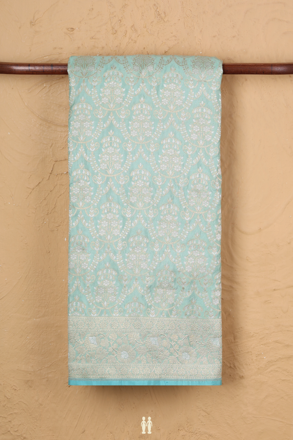 Banarasi Silk Saree In Mint Green With Floral Design